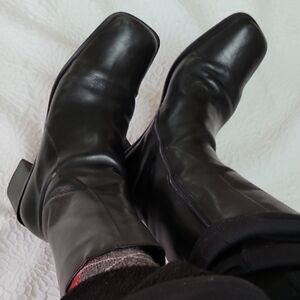 GLACEE Brandy Mid Calf Black Leather Boots Square Toe Block Heel Zip, Size 10M